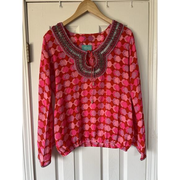 Taj by Sabrina Crippa Beaded Abstract Pink Silk Blouse Top Medium NWOT - Picture 1 of 12